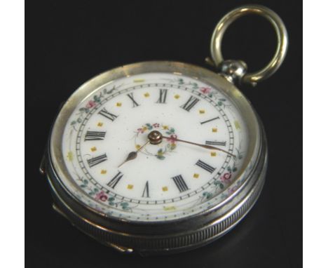 An early 20thC Swiss white metal fob watch, the enamel dial engraved with flowers etc., with gold hands stamped 0.800