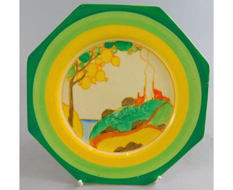 A Clarice Cliff Bizarre pottery plate, Red Roof pattern, with octagonal outline, printed marks beneath, 19cm wide.