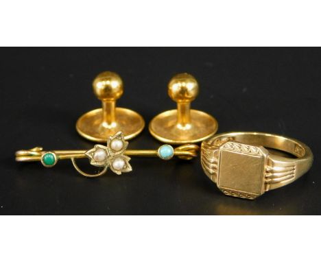 Various 9ct gold and other jewellery, two collar studs, yellow metal, unmarked, 2.7g, a seed pearl set bar brooch and a 9ct g