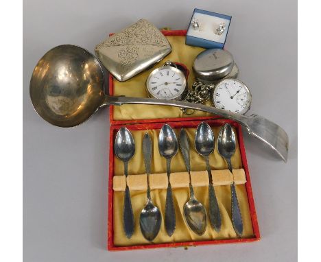 A silver cased pocket watch,  another similar with chain, a pair of paste earrings, silver cigarette case, silver plated ladl