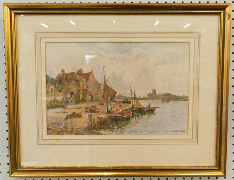 Stuart Lloyd. Coastal scenes with figures by a harbour, watercolour ...