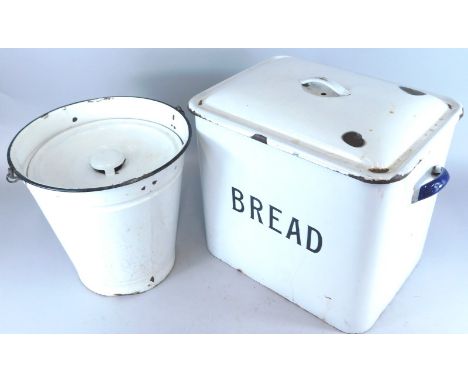 A white and blue enamel bread bin, and a similar bucket.