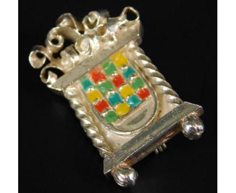A silver brooch, in the form of a house, with enamel decoration, yellow, green, blue and red, bearing makers MEI, 13.7g all i