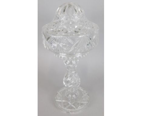 A cut glass table lamp and shade, lacking any fittings, 43cm high