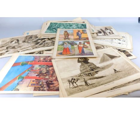 A collection of school posters and prints, mainly tribal, Middle Eastern, aboriginal, and other scenes throughout the world, 