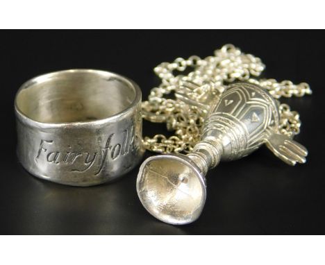 A Lyn Antley silver ring and holy grail necklace, the holy grail on fine link chain, the ring bearing inscription Fairy Folks