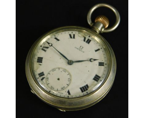 An Omega pocket watch, in a silver plated case, the white enamel dial with Roman numerals, (AF).