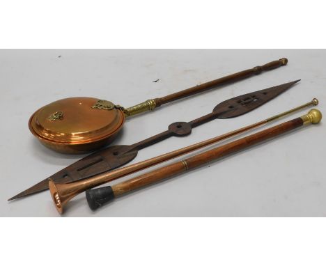 Miscellaneous items, to include an African tribal paddle, a hunting horn, a heavy duty walking stick, and a brass warming pan