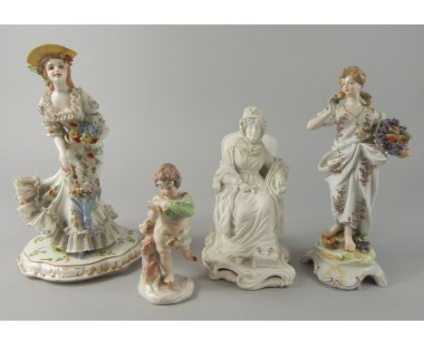 A collection of ceramic figures, to include a Parian figure of Mrs Moore, two similar German figures and a figure of an ice s