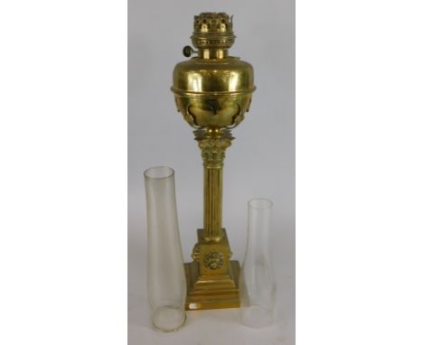 Late 19th/early 20thC brass Corinthian column oil lamp, with two chimneys, 55cm high