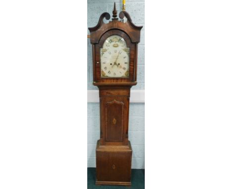 Thomas Hallam, Nottingham. A mid 19thC longcase clock, the arched dial painted with flowers and shells with an eight day four