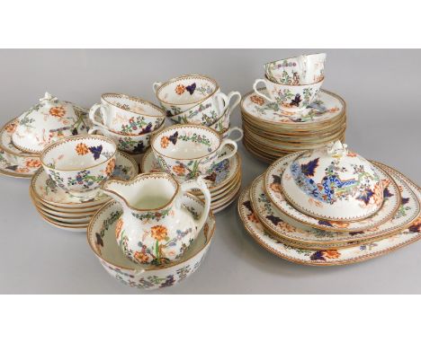 An early 19thC Ironstone part dinner and tea service, printed with oriental scenes with a tiger, flowers, flowering branches,