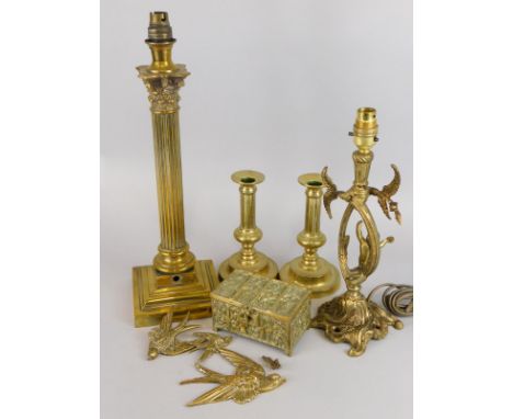 A quantity of brass, to include a Corinthian column table lamp, a small chest, pair of candlesticks, etc.