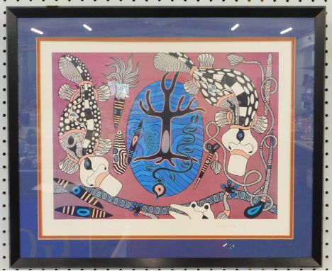 Biggibilla.  Aboriginal scenes, to include shield, platypus etc., artist signed print, 38cm x 48cm