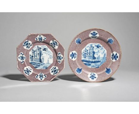 Two Bristol or Wincanton delftware plates  c.1740, one octagonal and one round, each painted with a central octagonal panel i