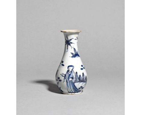 A small delftware vase  c.1760, the small pear-shaped body painted in shades of blue with a Chinese figure in a landscape bes