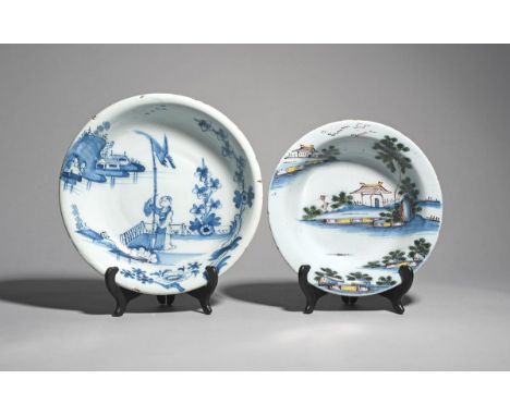 Two delftware shallow bowls  c.1760-70, one probably Abigail Griffith at Lambeth, painted in blue, green, manganese and yello