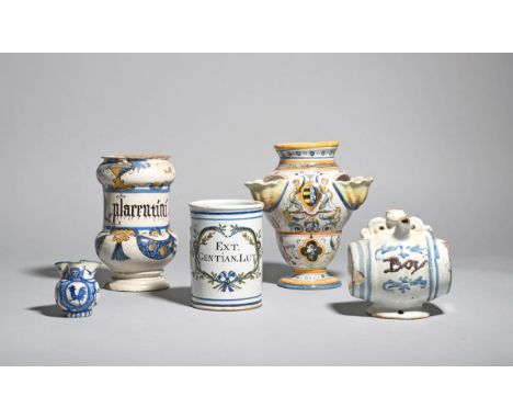 Two Continental maiolica or faïence apothecary jars or albarelli  19th century, one of dumbbell form and inscribed 'U plarent