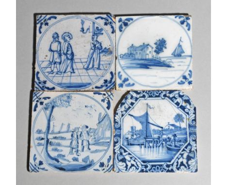 Four delftware tiles  c.1730-60, one Biblical and painted in blue with Peter's denial of Jesus, one with two travellers in co