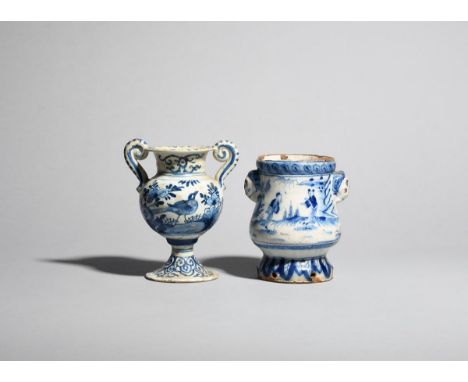 A delftware flower pot  1st half 18th century, Dutch or English, painted in blue with Chinese figures in a garden setting, mo