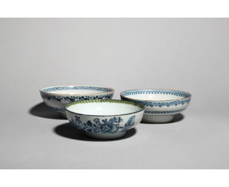 Three shallow delftware bowls  c.1770-80, one inscribed 'One Bowl More &amp; then' to the interior well, the exterior with co