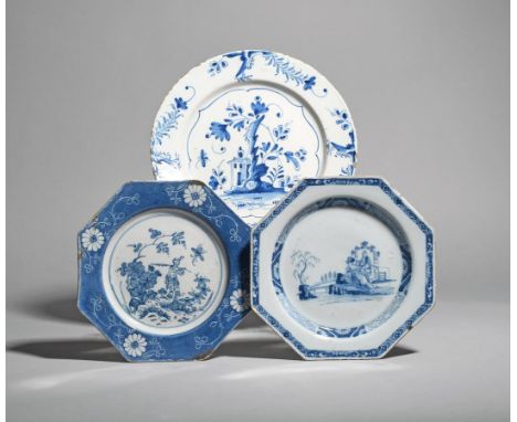 Three delftware plates  c.1760, two of octagonal form, one attributed to Michael Edkins at Redcliffe Back Pottery, painted wi