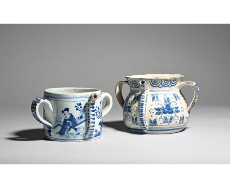Two delftware posset pots  c.1680-1700, London or Bristol, one of small cylindrical form, painted in blue to two sides with a