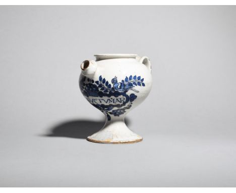 A large delftware syrup or wet drug jar  c.1750, the globular body painted in blue and black with two birds flanking a basket