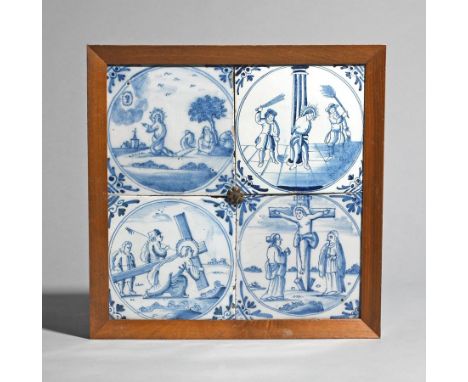 Four delftware Biblical tiles  c.1730-50, painted in blue with Christ in the Garden of Gethsemane, Christ at the Column, Chri