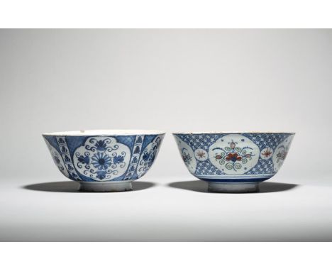 Two Bristol delftware punch bowls   c.1725-35, the deep forms with slightly everted rims, one painted in blue, red and green,
