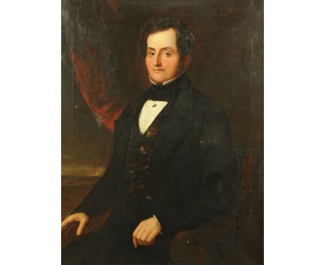 English School, 19th century, three quarter length portrait of a gentleman, seated and wearing a high neck collar, floral wai