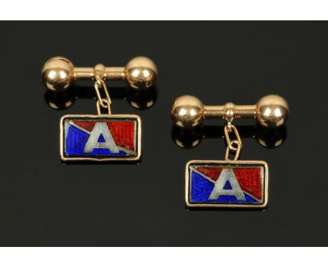 A pair of gentleman's 9 ct gold cufflinks, Birmingham 1921, of rectangular form centred with the initial A against a sectione