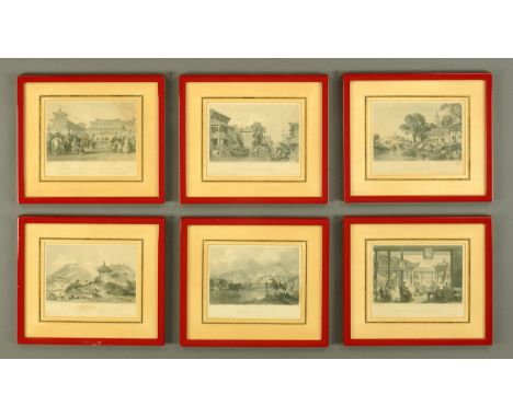 A set of six 19th century prints of Chinese scenes, drawn by T. Allom and engraved by J. Tingle.  Each 16 cm x 20 cm, framed.