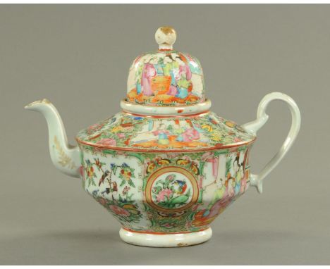 A 19th century Cantonese enamelled teapot, with domed cover.  Height 23 cm, length 29 cm.    CONDITION REPORT:  A good 50% of