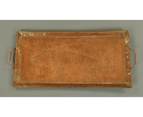 A John Pearson Hopper two handled tray, early 20th century, of rectangular form with raised sides and with hand punched decor