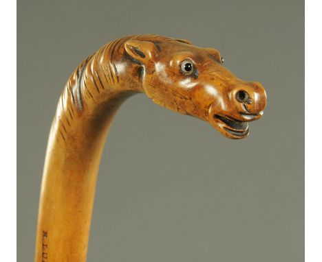 A gentleman's walking stick, late 19th century, the grip well carved in the form of a horses head, with inset glass eyes, the
