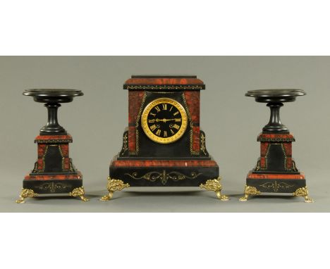 A Victorian black slate and variegated marble clock garniture, with two-train French movement striking on a bell.  Clock case