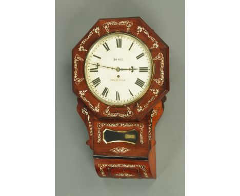 A Victorian rosewood inlaid mother of pearl drop dial single fusee wall clock, by Boyce, East Dereham (see illustration).   C