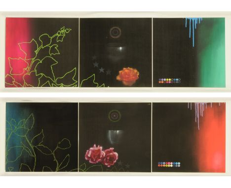 A pair of Chris Kettle prints, triptychs.  36 cm x 118 cm, framed.  