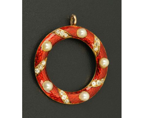 A gold coloured metal diamond pearl and enamel set circular pendant.  Diameter 30 mm.   CONDITION REPORT:  The back of the pe