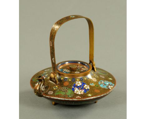 In the manner of Namikawa Yasuyuki (1845-1927), a squat sake ewer and cover, Meiji period, the lid with Kiku bud finial with 