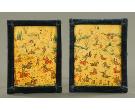Two small Persian panels, one depicting a polo match the other a hunting scene.  Each 11.5 cm x 7.5 cm, in velvet covered fra