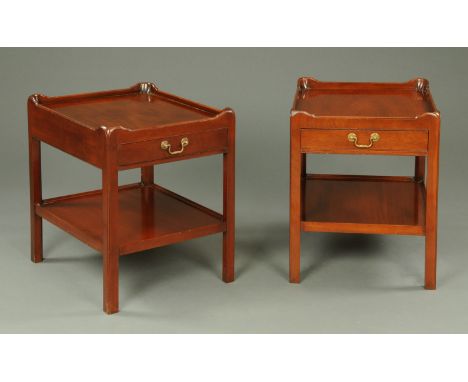 A pair of George III style bedside or occasional tables, each fitted with a drawer and shelf and raised on legs of moulded sq