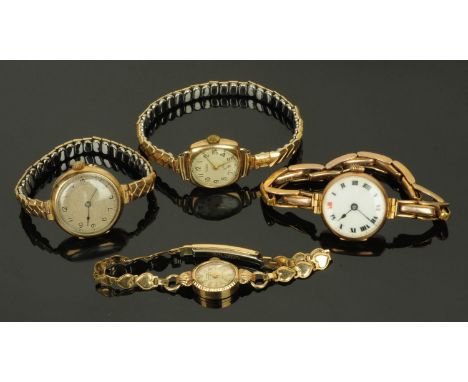 Four 9 ct gold cased ladies vintage wristwatches, including one by Rotary.  