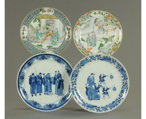 Two Famille Verte dishes, 19th century, of dished form, with four female figures and a child before a dwelling, decorated wit