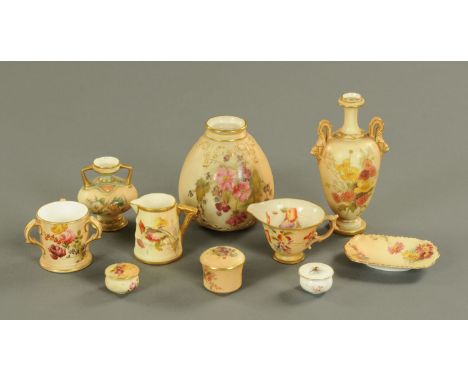 A collection of Royal Worcester blush porcelain, tyg, three vases, two jugs, pin tray and three lidded vessels.  Tallest 15.5