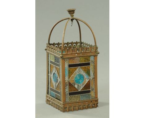 A late 19th century brass lantern, with leaded glass panes.  Width 19 cm, height 51 cm. 