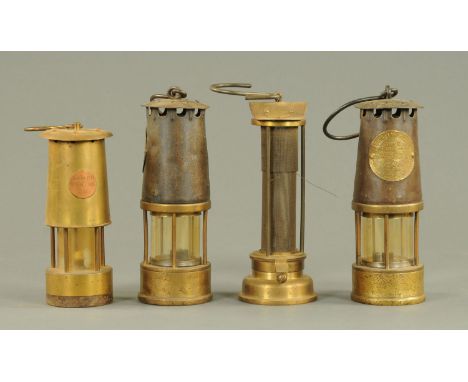 Two brass and steel miners safety lamps, with applied brass label embossed "The Protector Lamp and Lighting Co Limited, Eccle