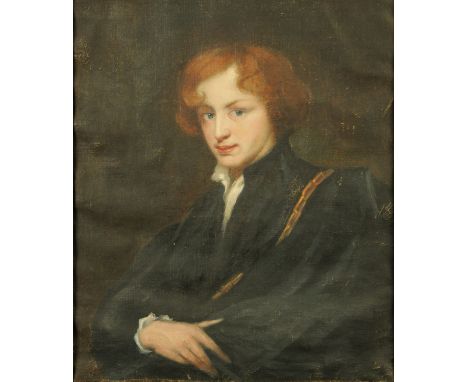 Portrait of a young gentleman, mid to late 19th century, with wavy red hair, seated with black robes with gilt chain, unsigne