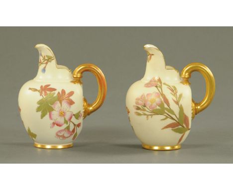 Two Royal Worcester ivory ground flat back jugs, date code for 1889 and 1896, Shape No. 1094, each with floral sprig decorati